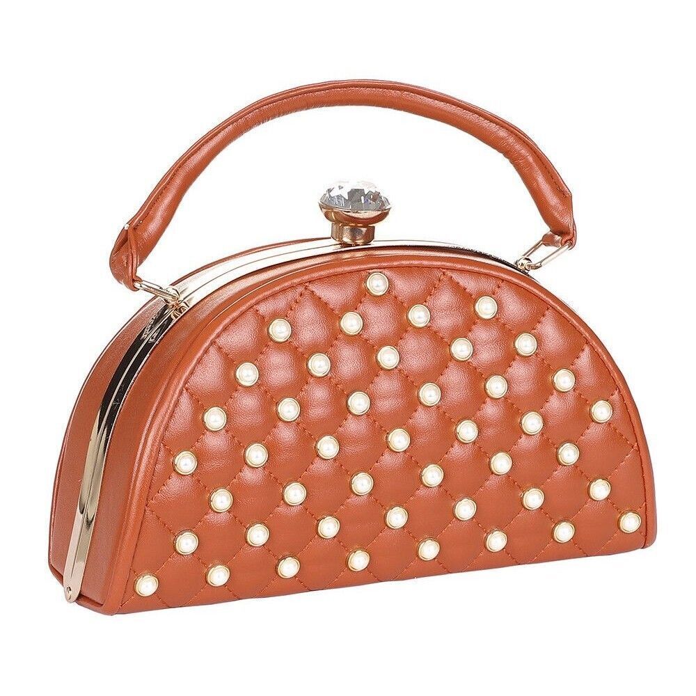 Brown Jewel Top Metal Frame Pearl Design Satchel Handbag